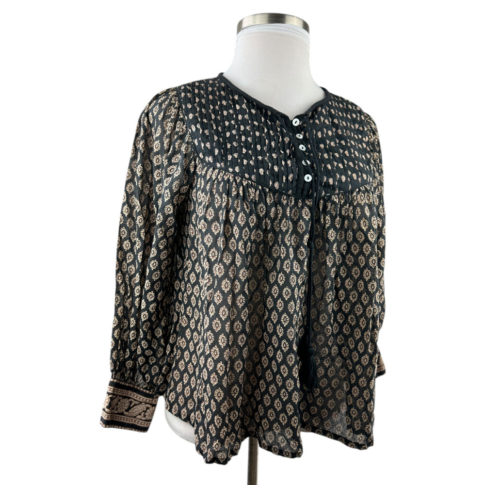 Cleobella Winter Blouse Black Brown Top Pintuck Small Peasant Boho Anthropologie - Picture 2 of 16
